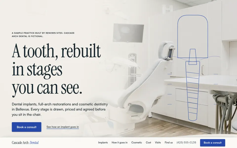 Desktop homepage of Cascade Arch Dental, a sample implant practice build