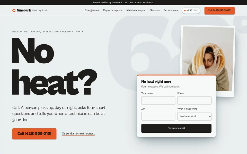 Ninebark Heating & Air homepage on a desktop screen