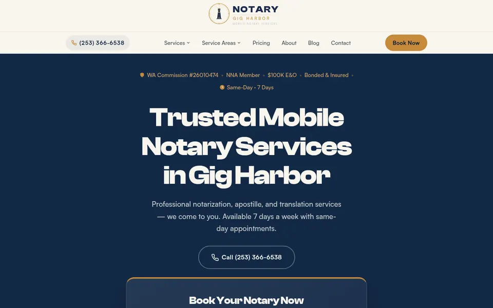 Notary Gig Harbor homepage on a desktop screen