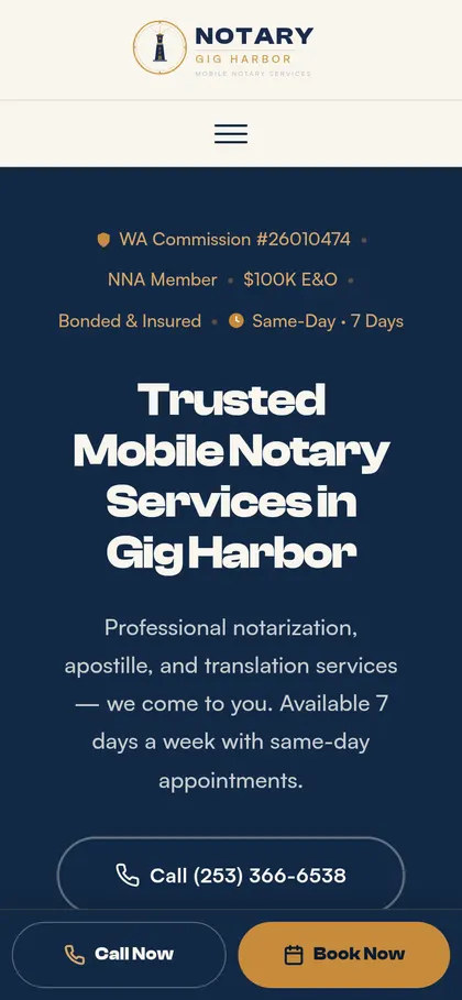 Notary Gig Harbor homepage on a phone