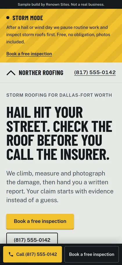 Norther Roofing homepage on a phone